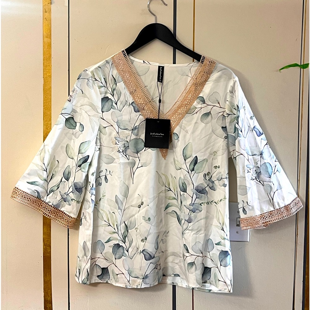floral print casual blouse with embroidered neckline  and cuffs